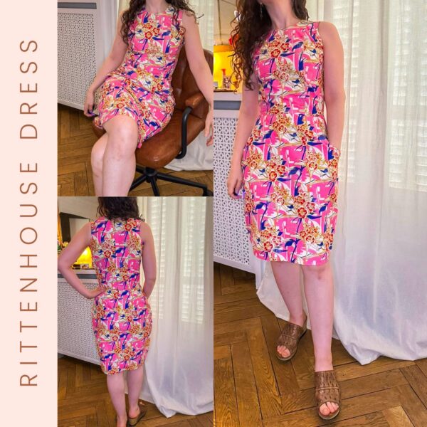 A woman models the Rittenhouse Dress Pattern, a sleeveless, knee-length pink dress with a vibrant abstract print. She poses seated and standing in a room with wooden floors; text on the left reads "Rittenhouse Dress Pattern.