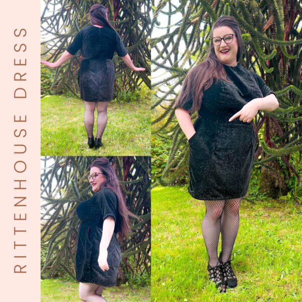 A woman models the sparkly black Rittenhouse Dress Pattern with fishnet tights and black shoes outdoors. Three poses show back, side, and front views of the pattern. Text on the left reads, "RITTENHOUSE DRESS PATTERN.