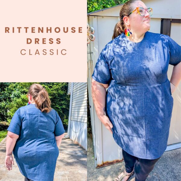 A woman models the Rittenhouse Dress Pattern in blue outdoors, shown from the front and back. She accessorizes with colorful earrings and glasses, with text reading "Rittenhouse Dress Pattern Classic.