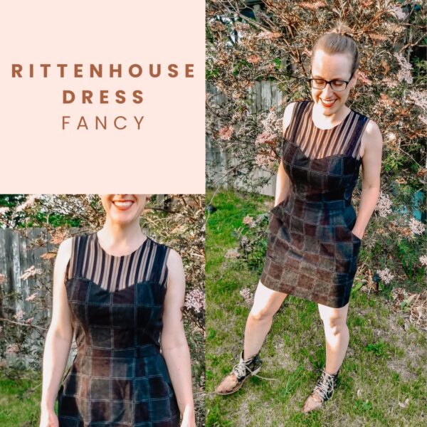 A woman smiles outside wearing a sleeveless black dress featuring the Rittenhouse Dress Pattern and a sheer striped neckline. She stands on grass with flowers behind her. Text reads: "Rittenhouse Dress Pattern.