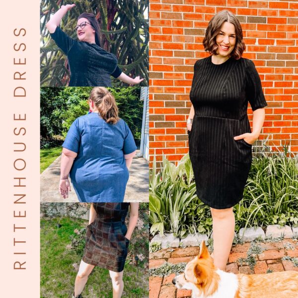 Four women model the Rittenhouse Dress Pattern: one poses outdoors arms raised, one shows the back, another in plaid, and the last smiles in black with a dog. Text reads “RITTENHOUSE DRESS PATTERN.”.